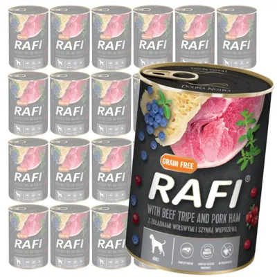 Produktbild von Rafi 24x400g Getreidefreies Nassfutter für Hunde mit Rindermagen und Schweineschinken