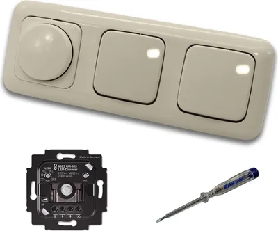 Produktbild von Busch Jäger 6523UR-103 LED Drehdimmer Dimmer + Dimmerscheibe 2115-212 und 2 x Kreuzschalter 2000/7 US in DURO2000 cremeweiß glänzend inklusive EBROM Phasenprüfer zur Montage der Geräte 6523 UR-103