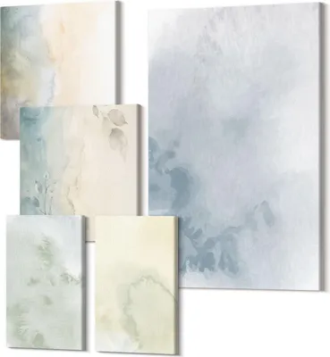 Produktbild von Wandbilder Leinwand 5-teilig – – Polycanvas Kunstdruck – Moderne Bilder für Wohnzimmer & Schlafzimmer – Aufhängefertig – 2x 30x30 cm + 2x 20x30 cm + 1x 40x60 cm – Pastellfarbene Aquarellfarben auf Leinwandstruktur
