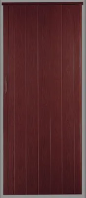 A full-frame shot of a closed, dark red, wood-grain patterned folding door with a handle on the left side.