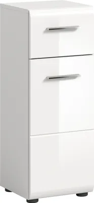 A white, narrow cabinet with three drawers and silver handles, presented on a white background.