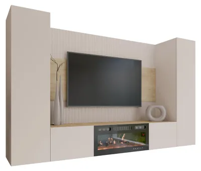 Produktbild von MIRJAN24 Wohnwand Deromi V, Wohnzimmer Möbel Set, mit Kamin, Griffloses Öffnungssystem push to open, 4er-Set (Farbe: Sandbeige / Sandbeige + Eiche Cremona)