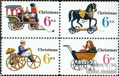 Produktbild von Briefmarken USA 1970 Mi 1017-1020 Viererblock (kompl.Ausg.) postfrisch Weihnachten: Kinderspielzeug