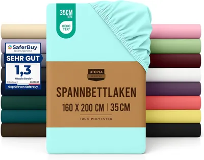Produktbild von Utopia Bedding - Spannbettlaken 160x200cm - Spa Blau - Gebürstete Mikrofaser Spannbetttuch - 35 cm Tiefe Tasche