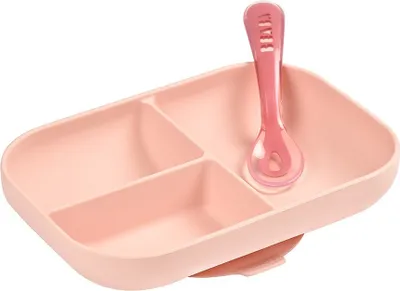 Produktbild von Geteilter Silikonteller + Löffel 2. Altersstufe - rosa
