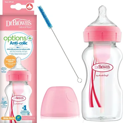 Produktbild von Dr. Brown's Anti-Kolik-Flasche mit breitem Hals 270ml OPTIONS+ rosa, Originalverpackung.