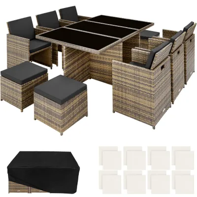 Image de Ensemble de salon en rotin et aluminium New York 6+4+1 avec housse de protection - marron naturel