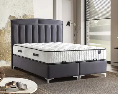 Immagine prodotto di Letto moderno grigio con materasso in tessuto e legno