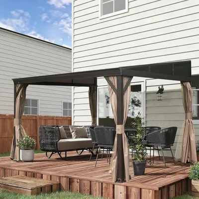 Immagine prodotto di Gazebo da giardino 3 x 3,6 metri, struttura in acciaio zincato con copertura rigida, telaio in alluminio, telo a rete marrone