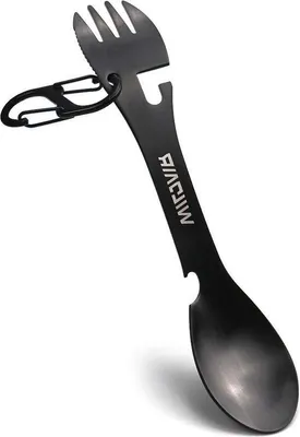 Immagine prodotto di Set da campeggio funzionale 5 in 1 in acciaio inossidabile: coltello, cucchiaio, forchetta e apribottiglie