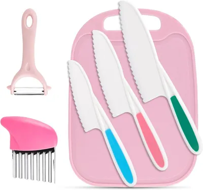 Imagen del producto de Set de cuchillos de cocina para niños, de 6 piezas, seguros, de madera, que incluye una tabla de cortar, ideal para niños