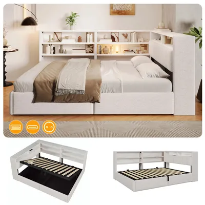 Obrázok produktu pre Rozkladacia pohovka 140 x 200 cm s hydraulickým úložným priestorom, RGB LED osvetlením, USB-A/USB-C portami, montovateľnou bočnou policou a pružinovou roštou, potiahnutá zamatom, farba: krémová