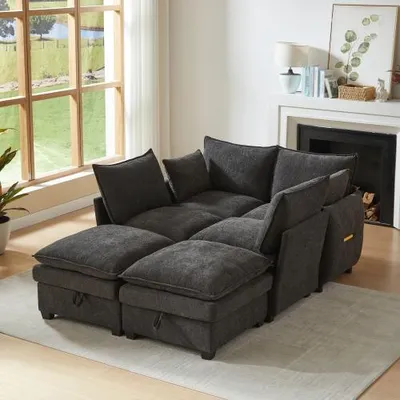 Produktbild von Modulares U-/L-förmiges Schlafsofa mit Stauraum, Sofa 281 x 147 cm, Wohnlandschaft mit Schlaffunktion, Chenille-Bezug, 4 Sitzelemente & 2 Hocker