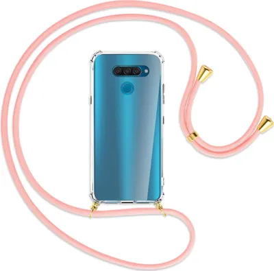 Produktbild von Handykette Backcover-Schutzhülle mit Band (Metall goldfarben) für LG Q60 - rosa