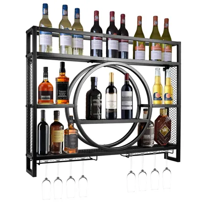Zdjęcie produktu dla Nowoczesny metalowy stojak na wino 3-poziomowy ścienny stojak na wino pływająca półka szklany stojak na wino do domu, restauracji, barów (czarny, 140x15x80cm)