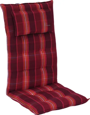 A red and orange plaid chair cushion with a headrest, shown against a white background.