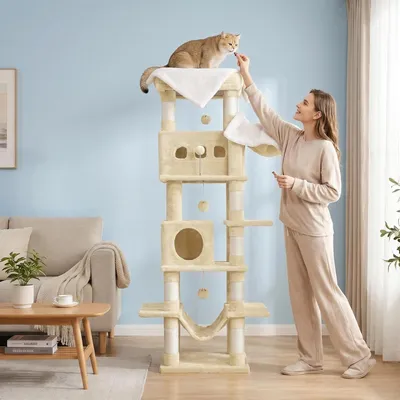 Produktbild von Fobyfurny Kratzbaum Groß, 170 cm Hoch, Katzenbaum, 8 Kratzbäume, Beige mit 2 Höhlen, Groß Plattformen, Waschbare Matte, Hängematte, Plüschbälle