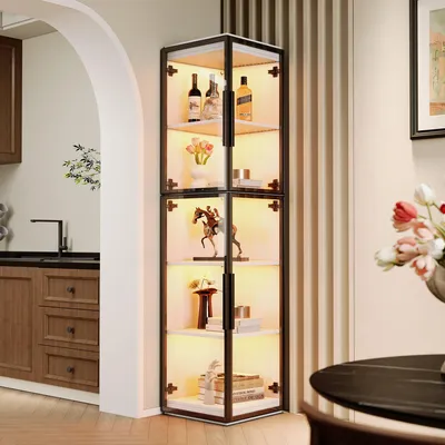 Produktbild von Merax Acryl Vitrine, LED Beleuchtung und 5 Einlegeböden, Schmaler Ausstellungsschrank, Sideboard Hochschrank für Wohnzimmer, Esszimmer, Weiß
