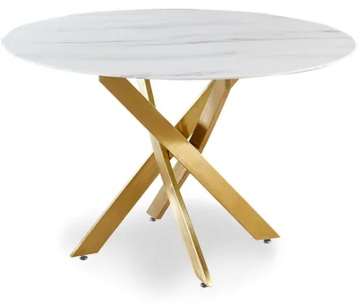 Image de MENZZO Table ronde Corix Verre effet Marbre Blanc et pieds Or