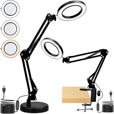 Produktbild von Unyqoos® LED-Lupenleuchte dimmbar mit 10 cm Glaslinse, Klemme & Standfuß, 360° schwenkbar, 3 Lichtfarben, 10 Helligkeitsstufen für Nähen & Lesen