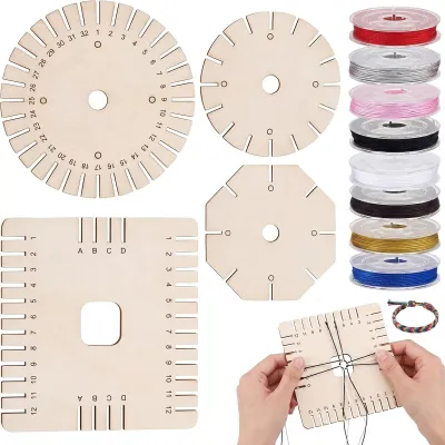 Image de Disques de tissage Kumihimo en bois - 12 pièces, comprenant 8 couleurs de fil - Kit de loisirs créatifs pour le tissage