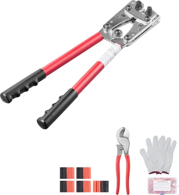 Obrázek produktu pro SucceBuy krimpovací kleště na kabelová oka akumulátorů, 10-1/0 AWG s řezačkou kabelů a 95 měděnými kroužkovými svorkami, 6 krimpovacích matric a 100 smršťovacích pouzder, robustní krimpovací kleště na kabelová oka
