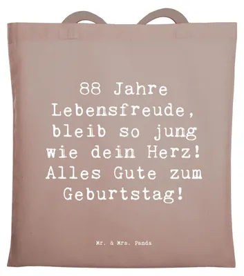 Produktbild von Mr. & Mrs. Panda Tote Bag Spruch 88. Geburtstag Jubel - Braun Pastell - Geschenk, Alter, Tasche, Glückwünsche, Shopping, Schultasche, Happy Birthday, liebevoll gestaltet
