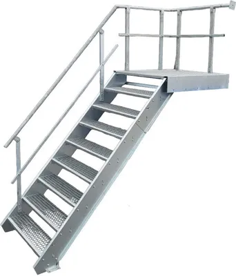 A metal staircase with a platform and handrails, isolated on a white background.