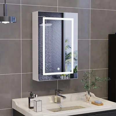Zdjęcie produktu dla Szafka łazienkowa wisząca, szerokość 50 cm, szafka z lustrem i oświetleniem LED, szafka łazienkowa z regulowaną półką, 3 tryby barwowe z możliwością regulacji jasności (50x70x15 cm)