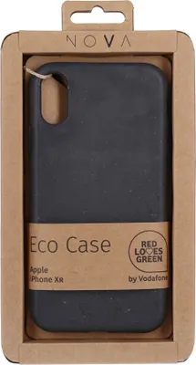 A dark gray eco-friendly phone case for an Apple iPhone XR is displayed inside its cardboard packaging.