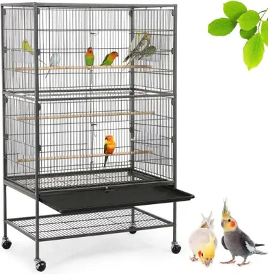 Produktbild von Vogelvoliere Großer Vogelkäfig Mit 2 Türen Vogelhaus Mit Holzstangen Und 4 Rollen Mit Schmutzwanneneinsatz 52 X 79 X 132 Cm – Schwarz