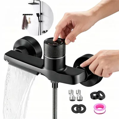 Produktbild von Wasserfall Badewannenarmatur Mischbatterie Badewanne Armatur Bad Wandmontage Wannenarmatur Einhebelmischer Wanne Aufputz für Wanne/Brause Schwarz