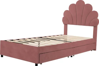 Produktbild von Flieks Polsterbett 90x200cm mit 2 Schubladen, Einzelbett Jugendbett Kinderbett mit Blumenförmigem Kopfteil, Klassisches Bett, Samt, Rosa
