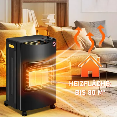 Produktbild von Eikuavons Gasofen Keramik 4200 Watt mit 3 Stufen, Sauerstoffmangelsicherung, Gasschlauch & Regler, 5 Rollen, inkl. 2 EU-Adaptern