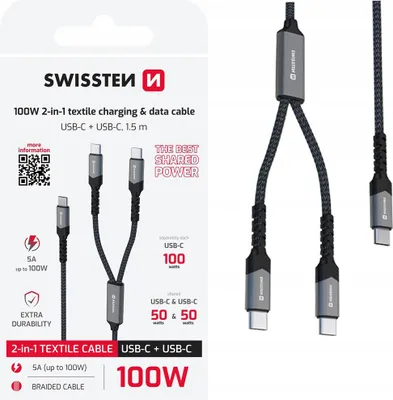 Zdjęcie produktu dla SWISSTEN Kabel do ładowania w oplocie 2w1 USB-C / 2x USB-C 100 W 1,5M