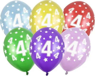 Obrázok produktu pre Latexové balóny s potlačou "4" na narodeniny, metalický mix, 30 cm, 6 ks.