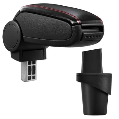 Image de [pro.tec] Accoudoir central pour VW Touran à partir de 2003 et VW Caddy (troisième génération, 2K à partir de 2003) - accoudoir avec compartiment de rangement - rembourré - noir simili-cuir avec coutures rouges