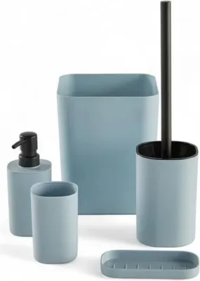 Image de Ensemble d'Accessoires de Salle de Bain 5 Pièces, Distributeur Savon, Porte Brosse à Dents, Poubelle, Brosse WC, Bleu