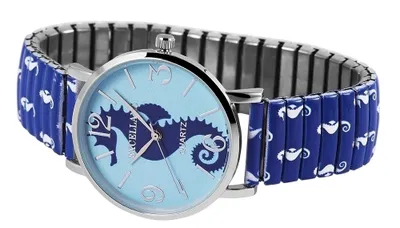 Produktbild von Excellanc 1700006-003 Damenuhr mit Metallzugband blau/weiß Seepferdchen