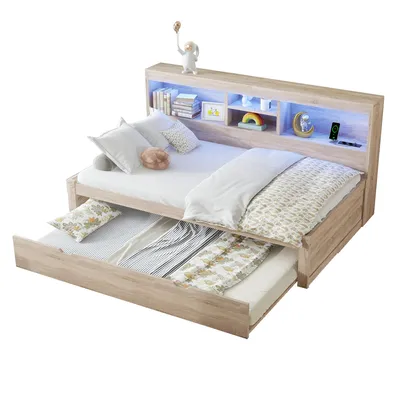 Produktbild von Massivholzbett mit Gästebett, 90x200 cm, Einzelbett mit LED-Beleuchtung, Mehrfachsteckdose und Lattenrost, Jugendbett