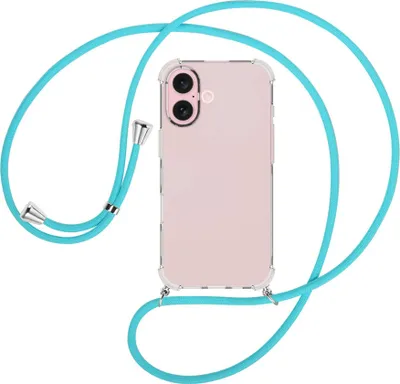 Produktbild von Handykette Backcover-Schutzhülle mit Band (Metall silberfarben) für iPhone 16 - türkis