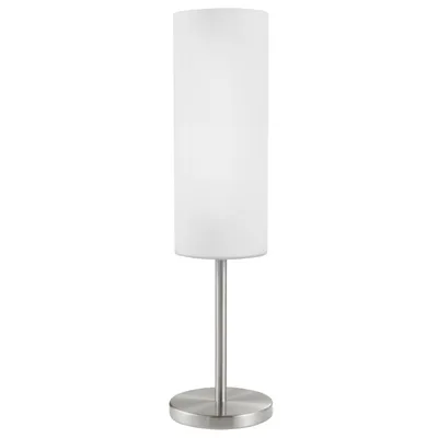 Produktbild von EGLO Tischlampe Troy 3, 1 flammige Tischleuchte, Nachttischlampe aus Metall in Silber und Glas in weiß satiniert, E27 Fassung, inkl. Schalter