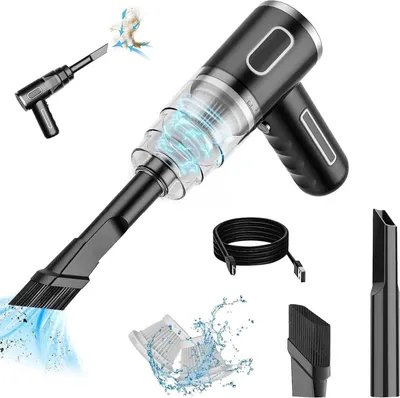 A collection of images showcasing a black handheld vacuum cleaner and its accessories against a white background.