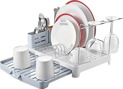 Image de Unyqoos® : Étagère de séchage pliable et extensible – Panier à couverts avec couvercle en bambou, porte-verres à vin amovible, en acier inoxydable 304 et en plastique de qualité alimentaire