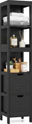 Image de COSTWAY Armoire de salle de bain étroite, armoire de salle de bain avec 2 tiroirs et 3 compartiments ouverts, armoire haute de salle de bain, armoire 30,5 x 30,5 x 145 cm, noir