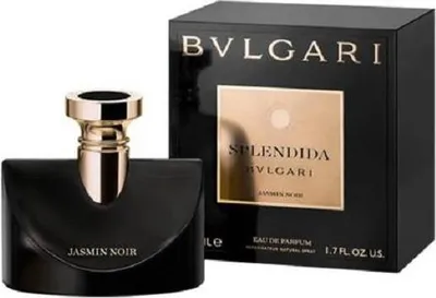 A black Bvlgari perfume bottle and its packaging are displayed against a white background.