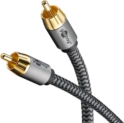 Produktbild von Goobay 65296 Anschluss 1: RCA, Steckverbinder 1 Geschlecht: Männlich, Anschluss 2: RCA, Steckverbinder 2 Geschlecht: Männlich, Kabelmaterial: Kupfer, Beschichtung Steckerkontakte: Gold, Magnetisch abgeschirmt, AWG Kabelgröße: 23, Kabellänge: 5 m, Produktfarbe: Silber, Schwarz (65298)