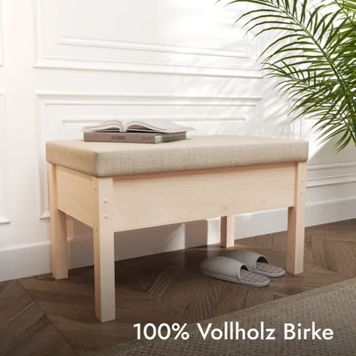 Produktbild von Hansales - Sitzbank mit Stauraum aus massivem Birkenholz in beige 61x40x47cm, Sitztruhe mit Stauraum, Truhe mit Deckel, Polsterbank für Schlaffzimmer