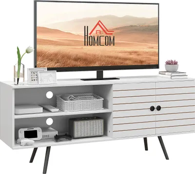 Produktbild von HOMCOM TV-Schrank für Wohnzimmer, Tisch für 65-Zoll-Fernseher, moderner TV-Schrank mit 2 offenen Regalen und 1 verstellbaren Regal, 145 x 38 x 65 cm, Weiß