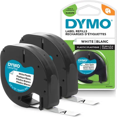 DYMO Original LetraTag Etikettenband | schwarz auf weiß | 12 mm x 4 m | selbstklebendes Kunststoff Schriftband| für LetraTag-Beschriftungsgerät | 2 Etikettenkassetten